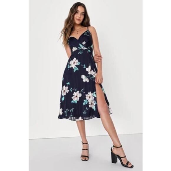 Lulus Navy Floral Midi Dress M Romantic Cottagecore Garden Party Slit cocktail - Picture 1 of 11